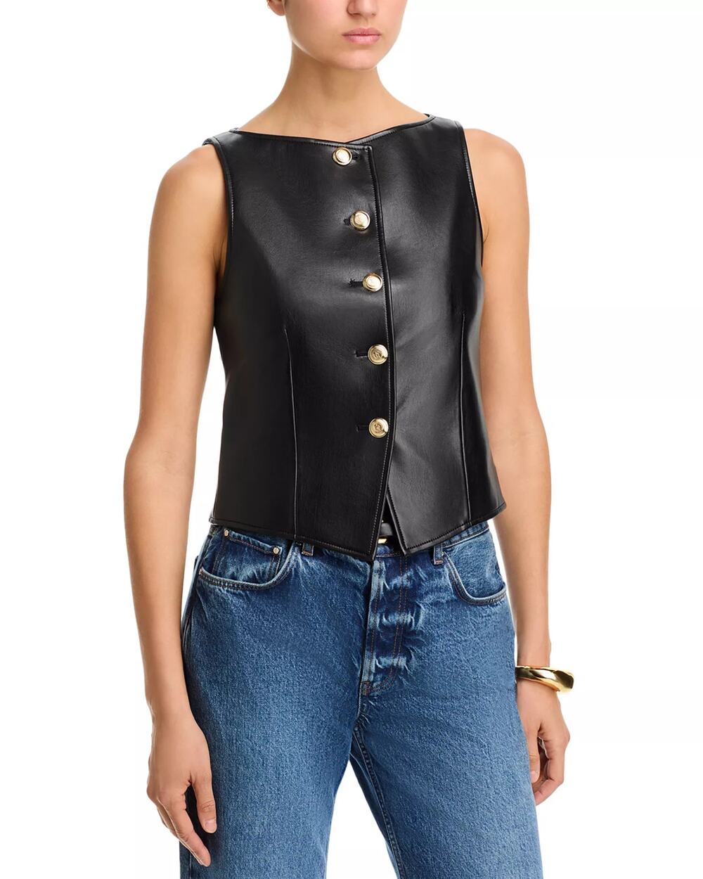 Cinq à Sept Women Black Faux Leather Camen Casual Front Button Vest Size M